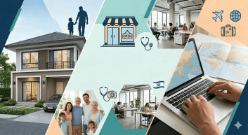 תמונת נושא של המאמר על השוואת מחיר ביטוח המציגה קולאז גרפי של מגוון שירותי ביטוח וסגנון חיים ובו איורים של חנות סטטוסקופ מטוס וגלובוס לצד תמונות ריאליסטיות של בית פרטי מודרני משפחה רב דורית מחויכת עובדים בחלל משרדי פתוח וידיים המקלידות על מחשב נייד ליד מפת עולם. במרכז התמונה מופיע הכיתוב בעברית השוואת ביטוחים מורה נבוכים לכל סוגי הכיסויים על רקע גווני כחול וטורקיז עם סמליל קטן של דגל ישראל וצלליות של אב וילד המעניקים תחושה של ביטחון ותכנון עתידי מקיף.