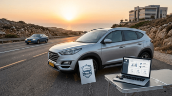 תמונת נוף כביש חוף הררי המציגה הצעת מחיר ביטוח רכב עם רכב פנאי יונדאי טוסון כסוף חונה בשולי הדרך, לידו לוח עם סמל מגן ביטוח כחול ומחשב נייד המציג גרפים וטבלאות נתונים על שולחן מתקפל קטן המצביע על השוואת ביטוח, בעוד ברקע מכונית סדאן כחולה חולפת בכביש המפותל, בניין משרדים מודרני ניצב על הצוק מעל, והשמש השוקעת מאירה את הים התיכון באור זהוב-חם ומסמלת את סיום יום העבודה.